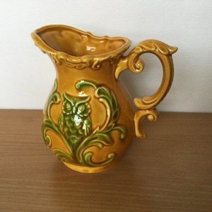 Vintage Japanese ceramic jar water jar water pitcher yellow w green owl relief